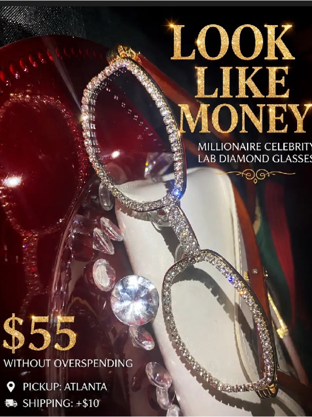 Millionaire Celebrity lab diamond glasses in gold tone. Sparkling lab diamond